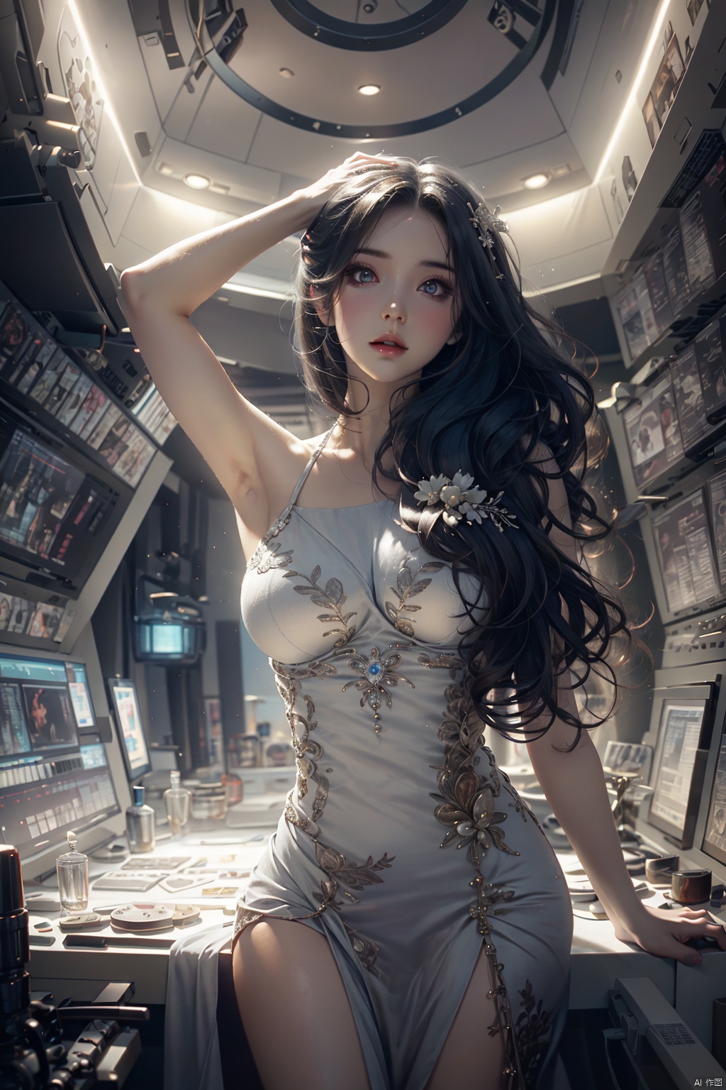  ((masterpiece)), ((best quality)), ((illustration)), extremely detailed,1 girl,naked, big breasts,light grey very_long_hair, scifi hair ornaments, beautiful detailed deep eyes, beautiful detailed sky, cinematic lighting, modern architecture