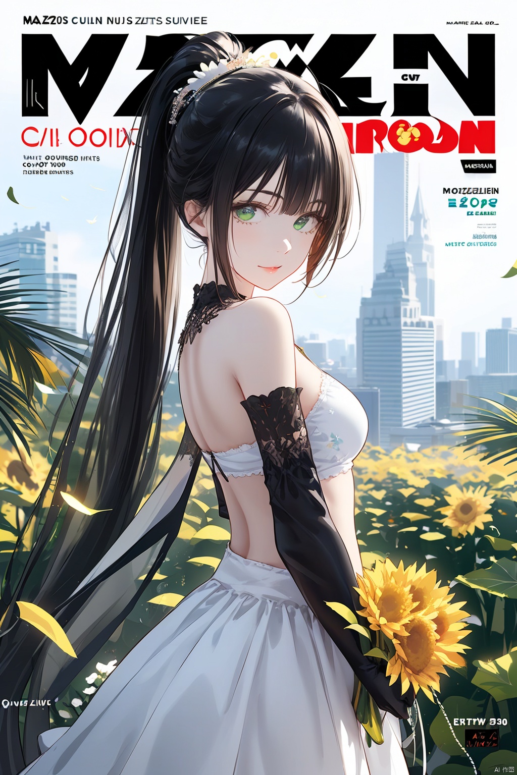  1girl, official, head, green eyes,animal ears, ahoge, long straight hair, ponytail, hair ornament,bare shoulders, black crop top, small breasts, navel, detached sleeves, elbow gloves, fingerless gloves, two tails, skirt bouquet, branch, daisy, dandelion, dress, floral_background, flower, flower_pot, green_flower, head_out_of_frame, holding, holding_bouquet, holding_flower, ivy, leaf, lily_\(flower\), lily_of_the_valley, lily_pad, long white_hair, lotus, morning_glory, palm_leaf, palm_tree, petals, plant, potted_plant, puffy_sleeves, rose, solo, sunflower, tulip, upper_body, vase, vines, white_dress, white_flower, white_rose, yellow_flower, masterpiece, best quality,beautiful detailed hair,beautiful detailed face,beautiful detailed jacket,beautiful detailed background,album cover,beautiful detailed splash, in city, cityscape,1girl,limited palette,pastel color, many line in hair, shiny skin,sunlight, 2020s,minute details, punk, out doors, looking at viewer, drawing,multicolored back graound, colorful, solo,cowboy shot, jacket, long sleeves, chest, ((((magazin cover)))), long hair, floating hair, bangs, colored inner hair, aqua theme, official art, zydink