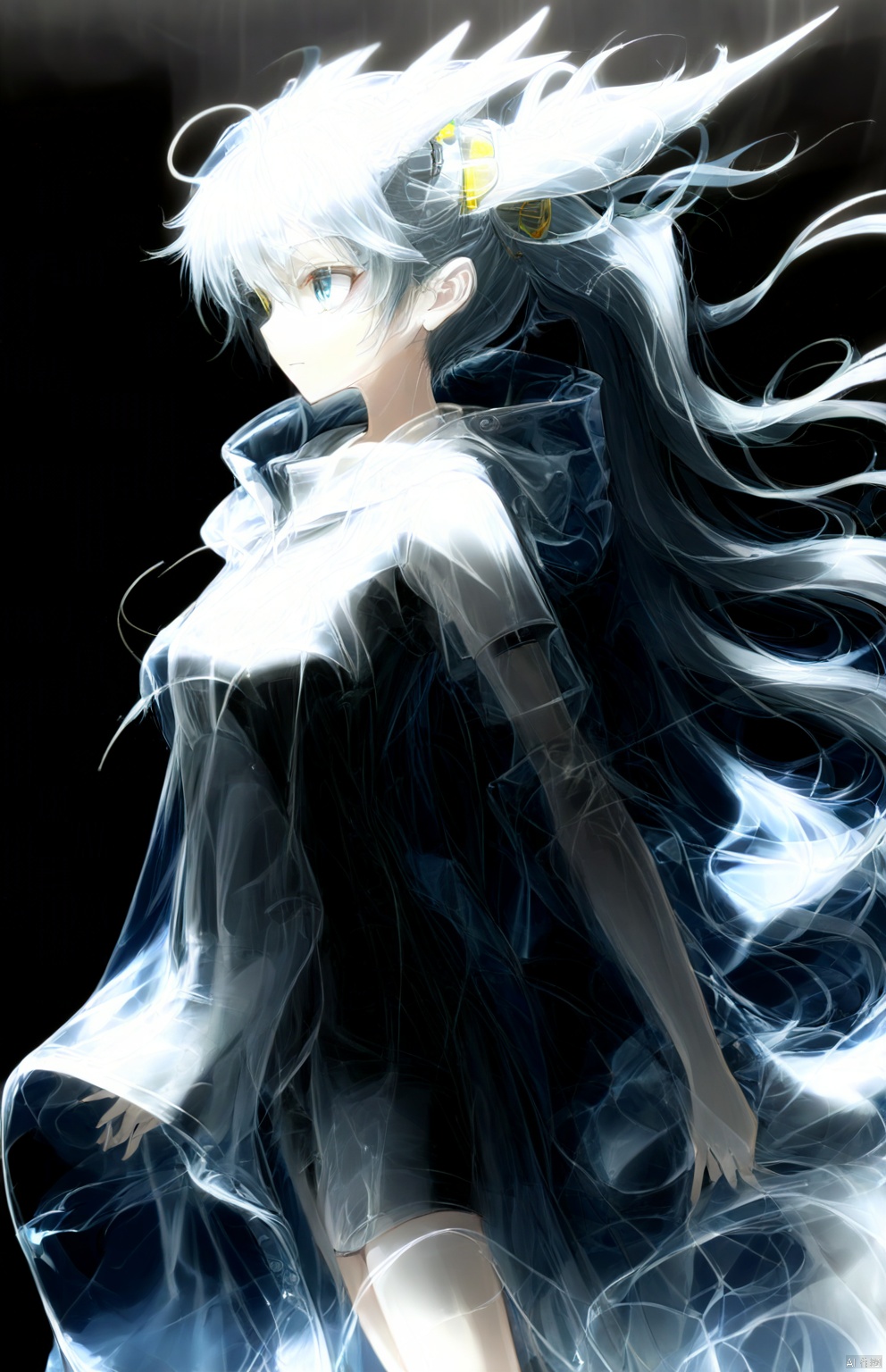  (masterpiece), (best quality), sci-fi girl, (disheveled hair), very long grey blue hair, twintails, mignon, detailed cute eyes, (transparent raincoat), (transparent plastic cloak), long cyber hooded jacket, dragon,red led, green led, yellow led