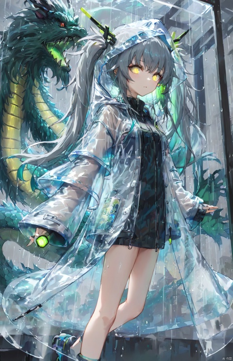  (masterpiece), (best quality), sci-fi girl, (disheveled hair), very long grey blue hair, twintails, mignon, detailed cute eyes, (transparent raincoat), (transparent plastic cloak), long cyber hooded jacket, dragon,red led, green led, yellow led, Oriental Dragon