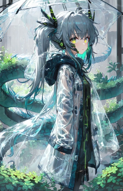  (masterpiece), (best quality), sci-fi girl, (disheveled hair), very long grey blue hair, twintails, mignon, detailed cute eyes, (transparent raincoat), (transparent plastic cloak), long cyber hooded jacket, Backed Sedum Dragon,red led, green led, yellow led, Oriental Dragon