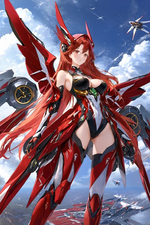  ((masterpiece)), ((best quality)), ((illustration)), extremely detailed,1 girl,mecha clothes,, big breasts,Dark red very_long_hair, scifi hair ornaments, beautiful detailed deep eyes, beautiful detailed sky, cinematic lighting, wind,seton Mechanical wings