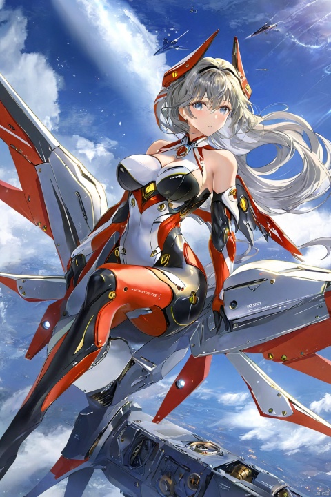  ((masterpiece)), ((best quality)), ((illustration)), extremely detailed,1 girl,Gel coat battle suit, big breasts,light grey blud wave_hair, scifi hair ornaments, beautiful detailed deep eyes, beautiful detailed sky, cinematic lighting, wet body,Mechanical wings, thighs open ,Sitting on the wing,EVA