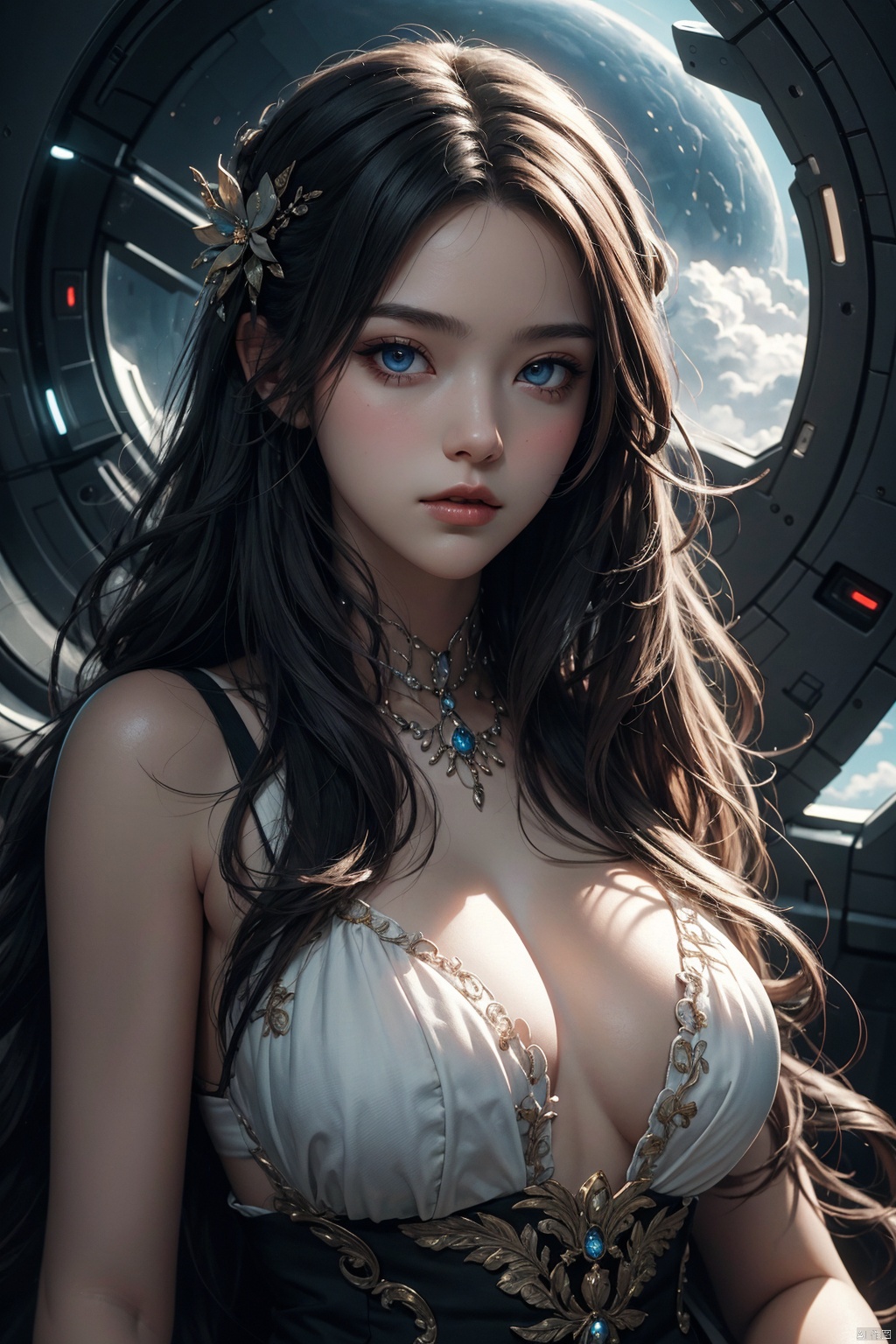  ((masterpiece)), ((best quality)), ((illustration)), extremely detailed,1 girl,naked, big breasts,light grey very_long_hair, scifi hair ornaments, beautiful detailed deep eyes, beautiful detailed sky, cinematic lighting