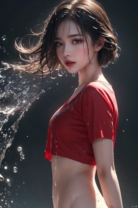  Epic CG masterpiece,stunningly beautiful,graphic tension,dynamic poses,stunning colors,red,3D rendering,surrealism,cinematic lighting effects,realism,00 renderer,super realistic,masterpiece,best quality,32k uhd,insane details,intricate details,hyperdetailed,hyper quality,high detail,ultra detailed,Masterpiece,
1girl,solo,glowing,Red shirt,simple background,,rain,it's soaking wet,(splash of water:1.4),wet_hair,(naked),1 girl,naked