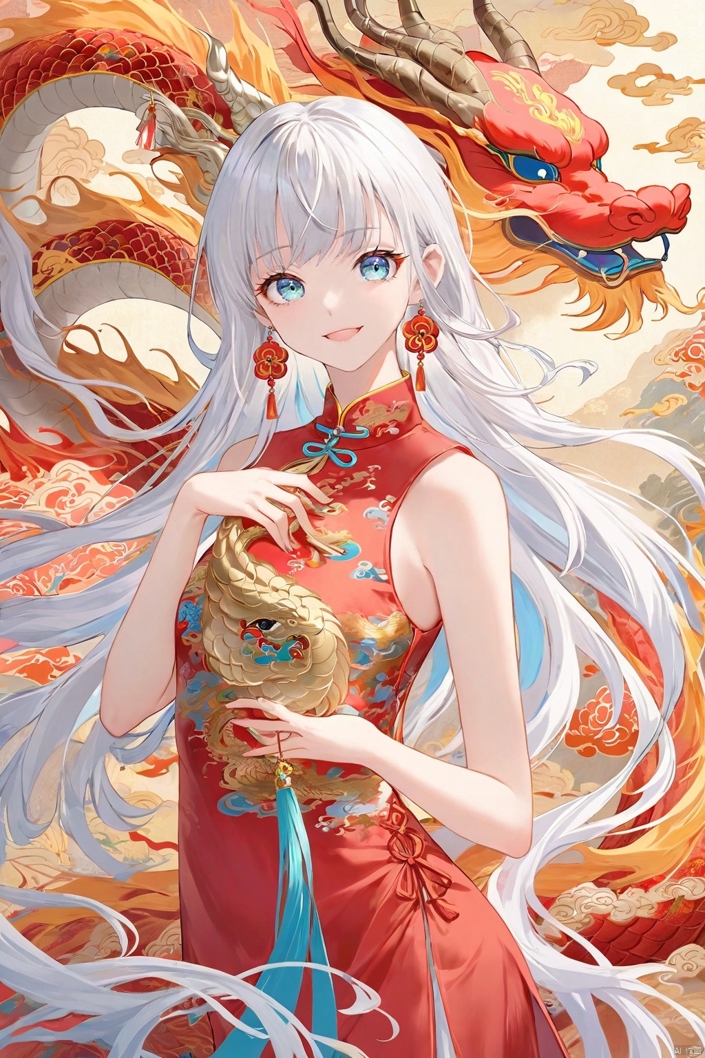  (((A beautiful girl with long flowing white hair))), blue eyes and bangs was holding a small red-gold Chinese dragon. The girl wears a red cheongsam, the background is a fantasy wonderland, the overall atmosphere should reflect happiness, peace, love and warmth, in line with the Chinese New Year theme, Dragon ear, Chinese dragon, wmchahua, guofeng, tqj-hd