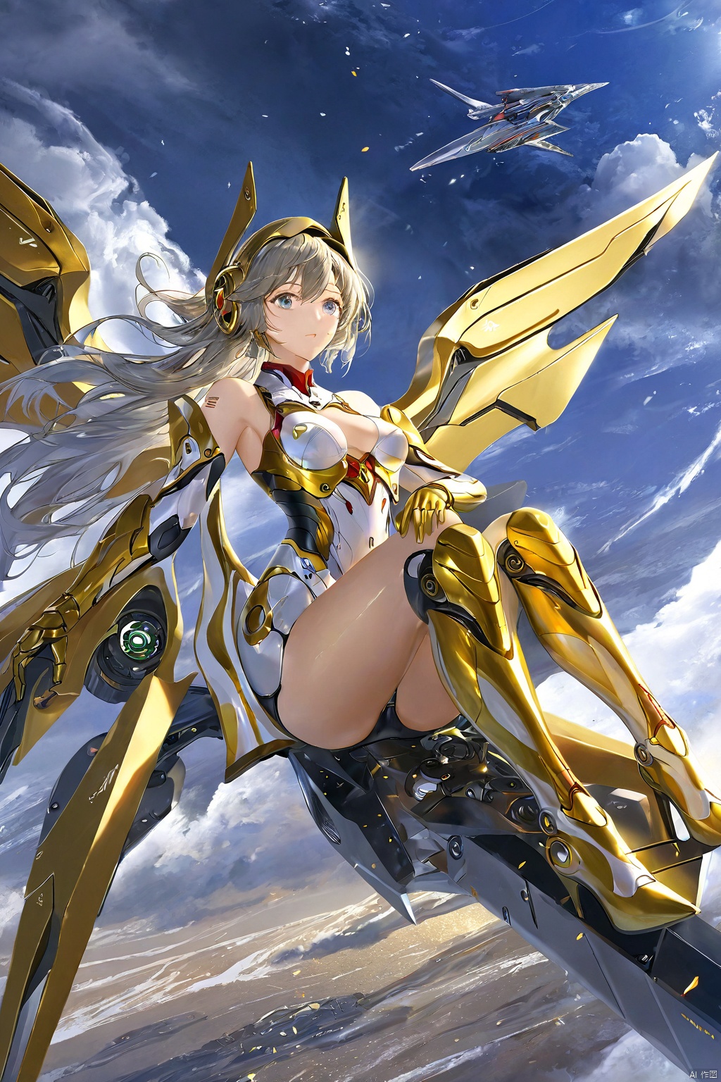  ((masterpiece)), ((best quality)), ((illustration)), extremely detailed,1 girl,gold Gel coat battle suit, ,light grey blud wave_hair, scifi hair ornaments, beautiful detailed deep eyes, beautiful detailed sky, cinematic lighting, wet body,Mechanical wings, thighs open ,Sitting on the wing,EVA