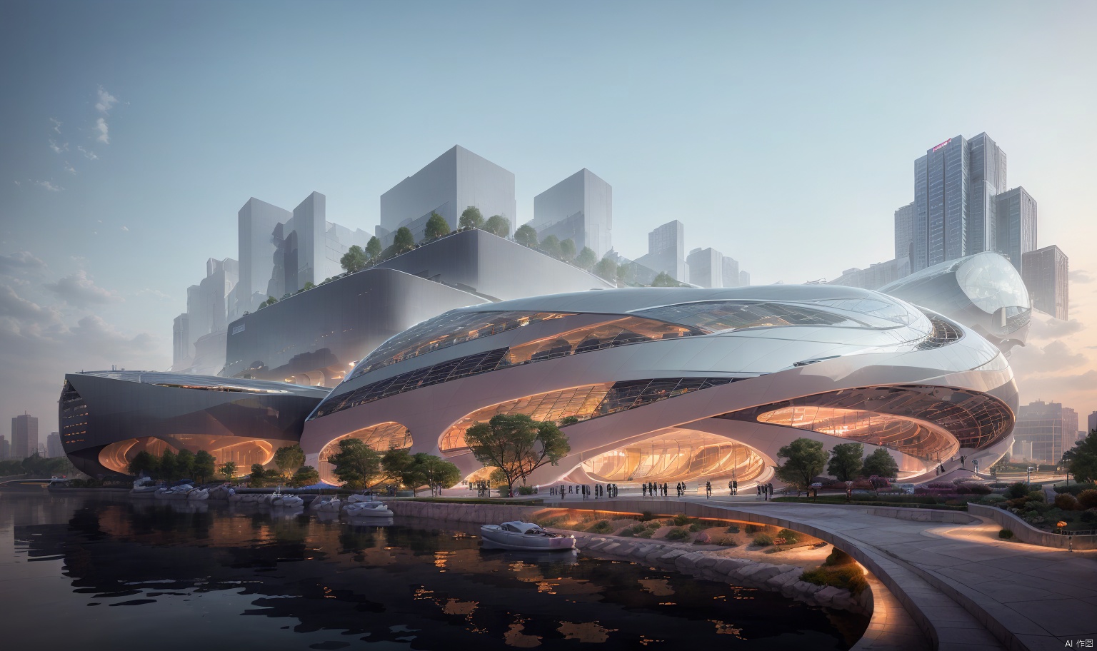  River view, urban, Futuristic, Technological, MIR, modern architecture, ecology
, Landscape,Alien Exhibition Hall