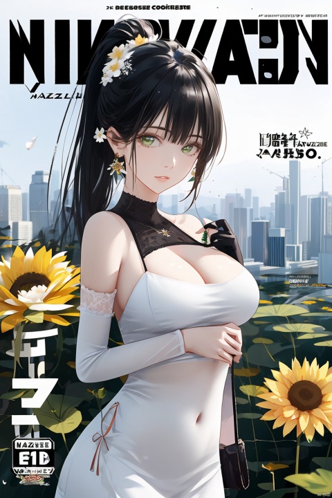  1girl, official, head, green eyes,animal ears, ahoge, long straight hair, ponytail, hair ornament,bare shoulders, black crop top, big breasts, navel, detached sleeves, elbow gloves, fingerless gloves, two tails, skirt bouquet, branch, daisy, dandelion, dress, floral_background, flower, flower_pot, green_flower, head_out_of_frame, holding, holding_bouquet, holding_flower, ivy, leaf, lily_\(flower\), lily_of_the_valley, lily_pad, long white_hair, lotus, morning_glory, palm_leaf, palm_tree, petals, plant, potted_plant, puffy_sleeves, rose, solo, sunflower, tulip, upper_body, vase, vines, white_dress, white_flower, white_rose, yellow_flower, masterpiece, best quality,beautiful detailed hair,beautiful detailed face,beautiful detailed jacket,beautiful detailed background,album cover,beautiful detailed splash, in city, cityscape,1girl,limited palette,pastel color, many line in hair, shiny skin,sunlight, 2020s,minute details, punk, out doors, looking at viewer, drawing,multicolored back graound, colorful, solo,cowboy shot, jacket, long sleeves, chest, ((((magazin cover)))), long hair, floating hair, bangs, colored inner hair, aqua theme, official art, zydink, large circular earrings