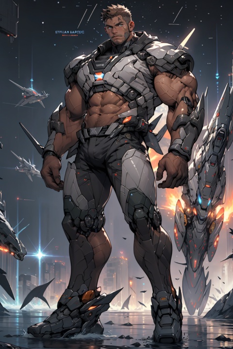  Best quality, masterpiece, ultra high res, detailed background, game_cg, 
mature male, muscular male, bara, thick thighs, glowing, ( plasma dorsal fins:1.2),thick arms, full body, full shot, scar, (solo:1.3), looking at viewer, (starship battlefield background:1.3),machinery, Mecha,