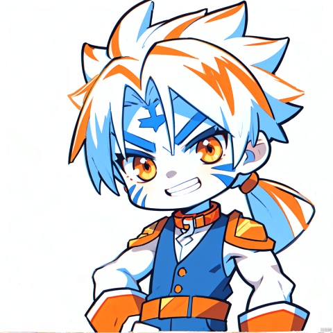  chibi,Correct body structure, correct finger structure, correct pupil structure, single, orange and white hair, cat, long hair, golden pupil, male,smile,Show one's teeth, collar, collar, blank background, HYZ, CUXIAN