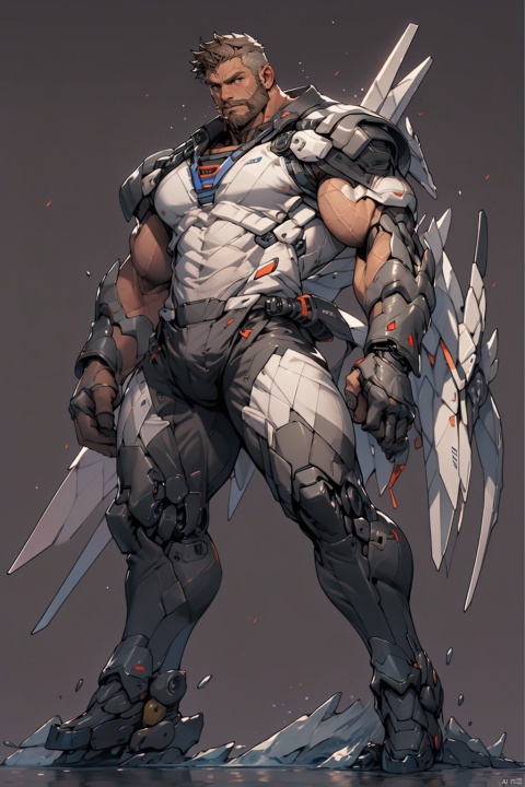  Best quality, masterpiece, ultra high res, detailed background, game_cg, 
mature male, muscular male, bara, thick thighs, Particle fin,thick arms, full body, full shot, beard, (solo:1.3), looking at viewer, (pure simple background:1.3), (dynamic pose:1.3), machinery, Mecha,