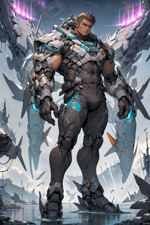  Best quality, masterpiece, ultra high res, detailed background, game_cg, 
mature male, muscular male, bara, thick thighs, glowing, ( plasma dorsal fins:1.2),thick arms, full body, full shot, scar, (solo:1.3), looking at viewer, (starship battlefield background:1.3),machinery, Mecha,