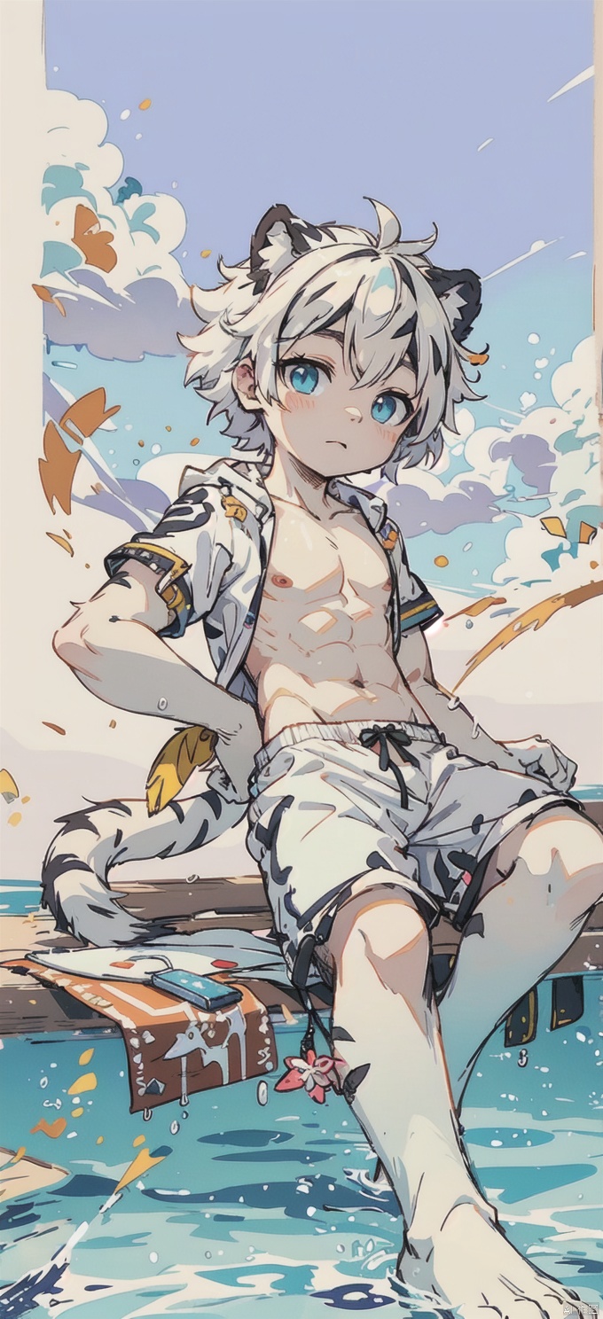  Bestquality,8k,(((masterpiece))),((bestquality)),
 (full_body:1.2),solo,
 White tiger,Swimming trunks,White animal hair, Delicate blue eyes,furry, bichu, shota, HYZ