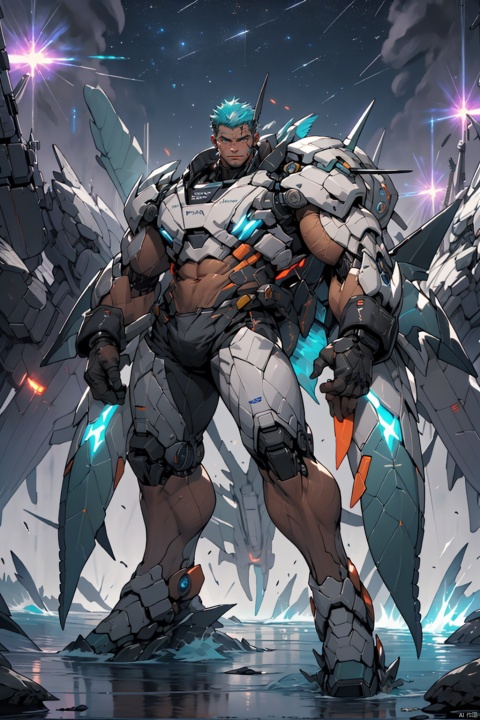  Best quality, masterpiece, ultra high res, detailed background, game_cg, 
mature male, muscular male, bara, thick thighs, glowing, ( plasma dorsal fins:1.4),thick arms, full body, full shot, scar, (solo:1.3), looking at viewer, (starship battlefield background:1.3), (dynamic pose:1.3), machinery, Mecha,