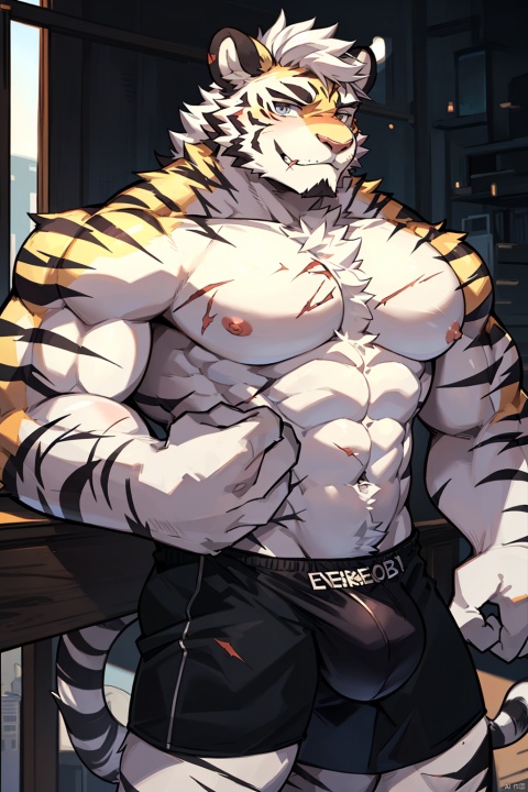  1boy, male focus, furry male, solo, bara, furry, tiger boy, short hair, white fur, abs, scar, scar on face, scar across eye, bulge, navel, nipples, large pectorals, white hair, tiger stripes,looking at viewer,standing, zixiong, nj5furry,