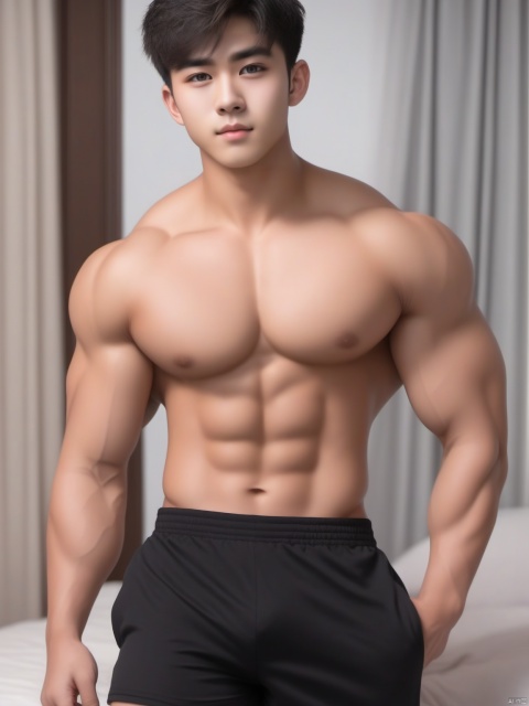  asian, (handsome teenager), thick arms, grey eyes, solo, (huge pecs), abs, shorts, (sleeveless black shirt), in the bedroom, niji5,