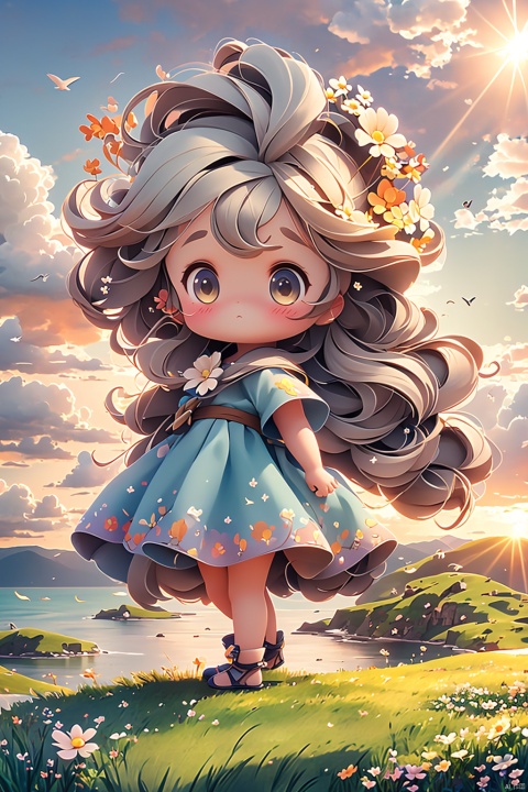  1girl, beach, bird, blue_sky, cliff, cloud, cloudy_sky, day, dog, facing_away, field, flower, flower_field, from_behind, grass, hill, horizon, lake, landscape, long_hair, mountain, mountainous_horizon, ocean, outdoors, rock, scenery, signature, skirt, sky, solo, sparkle, standing, sunlight, sunrise, sunset, water, waves, wheat, wind
