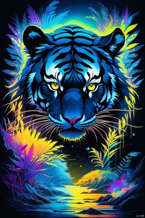  masterpiece,Detailed complex chaotic seascape black light mysterious silhouette of tiger,UV-reactive, black light art concept by Waterhouse, Carne Griffiths, Minjae Lee, Ana Paula Hoppe, Stylized florescent art, Intricate, Complex contrast, HDR,OverallDetail