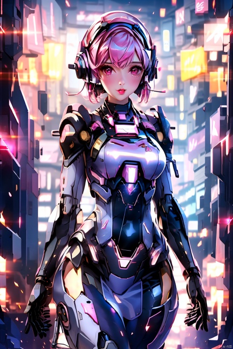  1girl, solo, looking at viewer, short hair, gloves, standing, pink hair, cowboy shot, earrings, pink eyes, armor, lips, bodysuit, thigh gap, science fiction, realistic,Keyboard, mouse, graphics card, console, gamepad