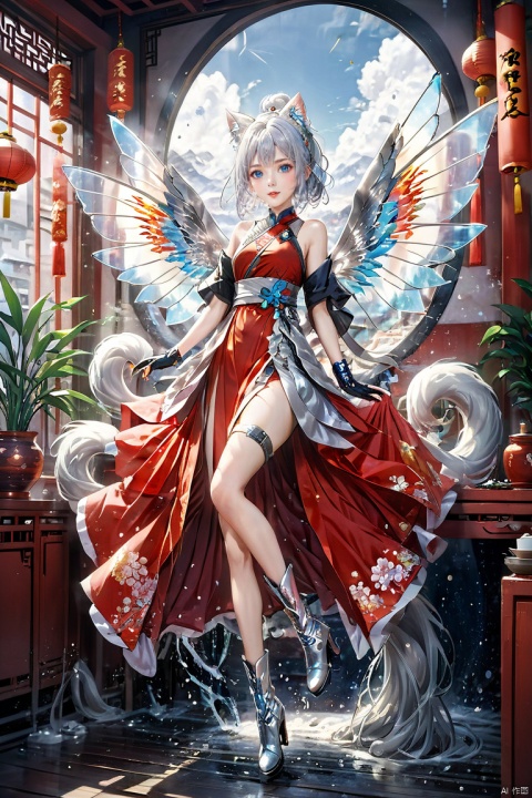  (masterpiece:1.2), best quality, (hyperdetailed, highest detailed:1.2), high resolution textures,female, futuristic, silver hair, twin tails, cat ears, blue eyes, mechanical wings, full-body pose, knee-high boots, fingerless gloves, (silver_hair:1.1),colorful,(splash_art:1.2),scenery,chinese new year,food, indoors, hair bun, window, chinese clothes, red dress, single hair bun, red shirt, china dress, bowl, chopsticks, holding chopsticks, baozi, bamboo steamer, lattice,dumpling,