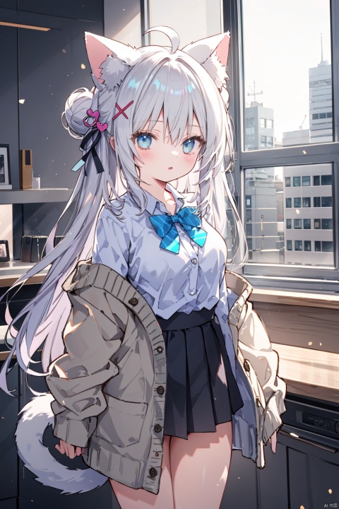  1girl, solo, long hair, breasts, looking at viewer, blush, bangs, blue eyes, skirt, shirt, hair ornament, long sleeves, bow, ribbon, animal ears, hair between eyes, medium breasts, very long hair, school uniform, tail, hair ribbon, white shirt, ahoge, grey hair, pleated skirt, parted lips, open clothes, collared shirt, indoors, cat ears, hand up, black skirt, off shoulder, hair bun, cat tail, animal ear fluff, sleeves past wrists, window, dress shirt, blue bow, single hair bun, cardigan, x hair ornament, cat girl, single side bun, open cardigan, tail raised, brown cardigan