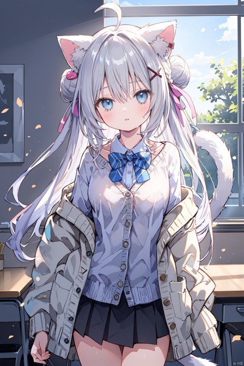  1girl, solo, long hair, breasts, looking at viewer, blush, bangs, blue eyes, skirt, shirt, hair ornament, long sleeves, bow, ribbon, animal ears, hair between eyes, medium breasts, very long hair, school uniform, tail, hair ribbon, white shirt, ahoge, grey hair, pleated skirt, parted lips, open clothes, collared shirt, indoors, cat ears, hand up, black skirt, off shoulder, hair bun, cat tail, animal ear fluff, sleeves past wrists, window, dress shirt, blue bow, single hair bun, cardigan, x hair ornament, cat girl, single side bun, open cardigan, tail raised, brown cardigan