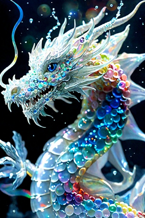  In a distant fairy tale world, there is a mysterious dragon known as "Pearl Rainbow White Dragon". Its body is as white as snow, with a pair of eyes shining like jewels, and a circle of colorful bubbles around its head. The whole body is covered with pearls. According to legend, as long as you look at it, you can instantly indulge in a dreamlike world and forget all your troubles and pains.