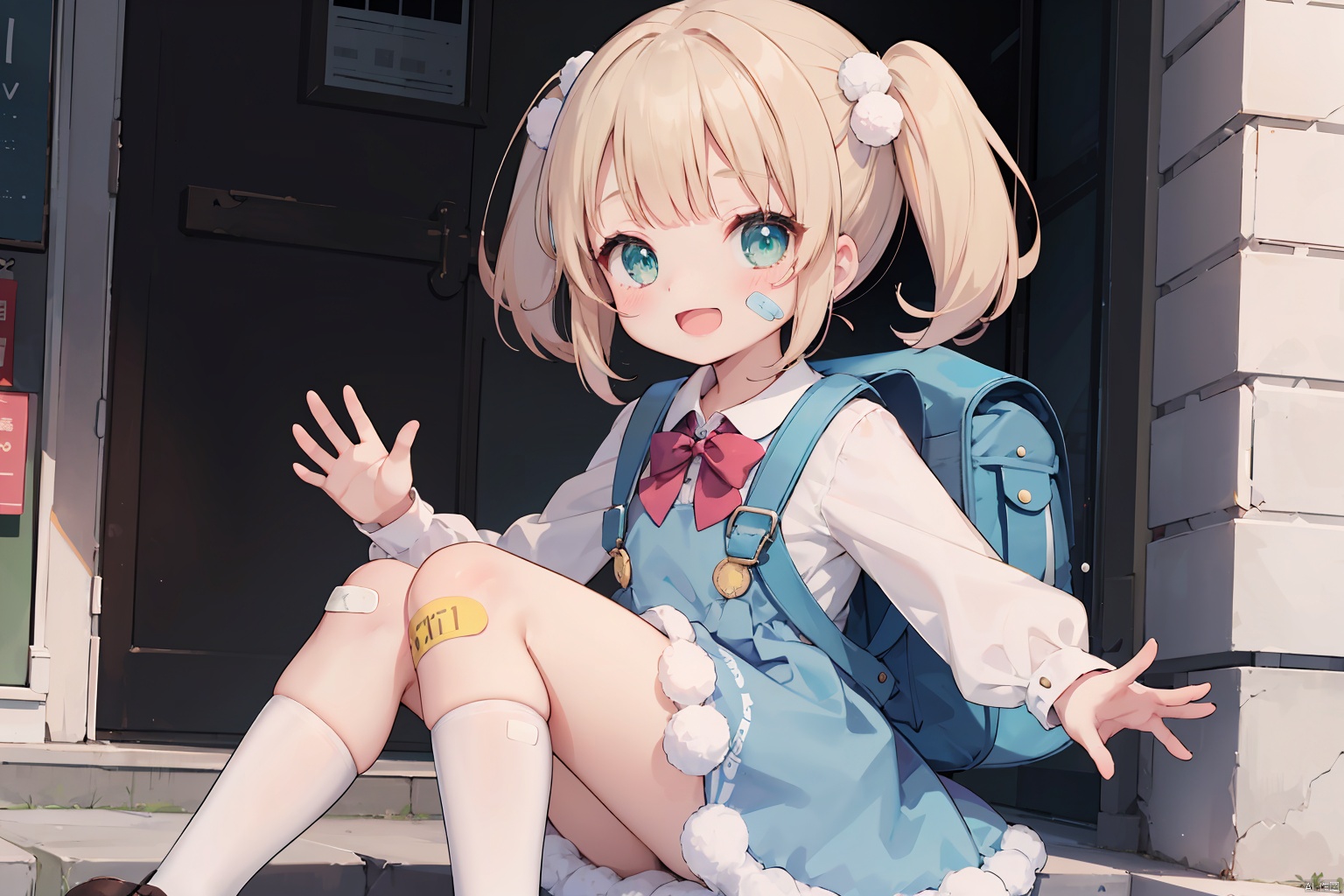  masterpiece, best quality, 1girl, SHIGURE Ui, solo, looking at viewer, blush, smile, short hair, open mouth, bangs, blonde hair, shirt, hair ornament, long sleeves, dress, bow, twintails, school uniform, green eyes, white shirt, :d, sleeveless, puffy sleeves, collared shirt, virtual youtuber, hand up, bag, red bow, sleeveless dress, blue dress, backpack, child, bandaid, pom pom \(clothes\), puffy long sleeves, waving, female child, pinafore dress, randoseru, bandaid on leg, bandaid on knee, pom pom hair ornament, cuteloli