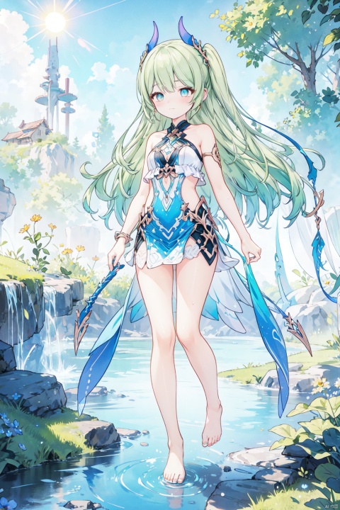  (masterpiece), (best quality),(illustration), ((chinese colorful ink)), best quality, epic scenes, impactful visuals, 1girl,bare shoulders,Sparkling eyes,(Light green dress with patterns),(bare legs),(Stepping on the stream:1),(holding flower:1.2),barefoot,long pointy ears,nose blush,flat color,closed mouth,hair twirling,flat color,standing,long hair,solo, green theme,the setting sun,vines,forest,Chamomile,cornflower,lens flare,hdr,Tyndall effect,damp,wet,