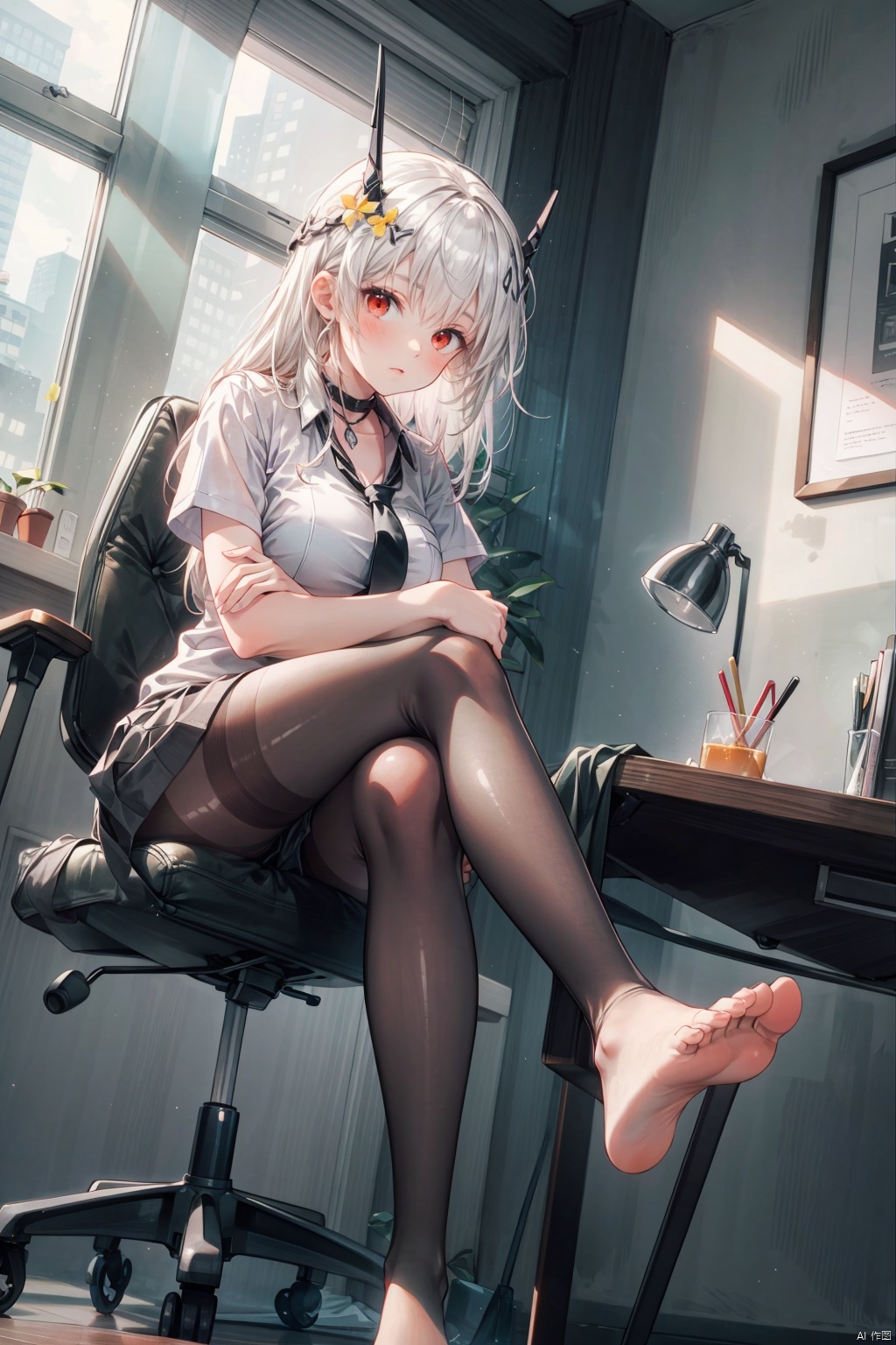 1girl, {feet on desk}, white hair, red eyes, white shirt, black necktie, sitting, full body, feet, toes, legs, crossed legs, crossed arms, office, black pantyhose, soles, foot focus, no shoes, dutch angle, looking at viewer, office chair, sharp eyes, long hair, medium breasts, shiny skin, solo, window, blinds, window blinds, twilight,landscape,
