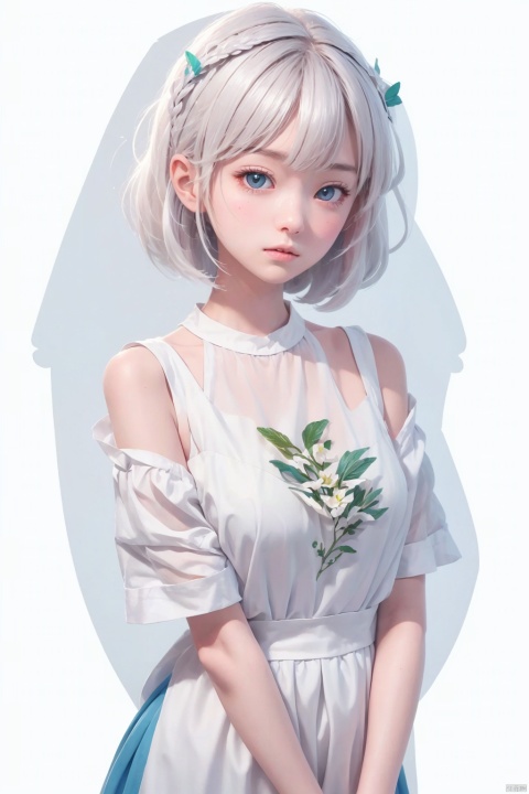 blunt bangs, masterpiece, best quality, best illustration, ultra-detailed, upper body, solo, 1 girl, looking at viewer, upright, arms at sides, beautiful detailed eyes, concept art, white background, simple background, white hair, short sleeves, watercolor pencil, expressionless, blush, virtual youtuber