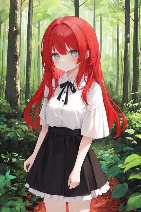 absurdres, 1girl, red hair, long hair, forest