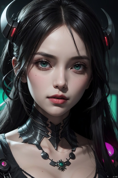  creepy Cyberpunk artwork inspired by Jack Skellington from The Nightmare Before Christmas, set in a futuristic fashion cyberpunk universe. Sexy, Emphasize her seductive allure, beautiful face, perfect eyes, perfect nose shape, perfect lips, perfect hands, vibrant green foliage