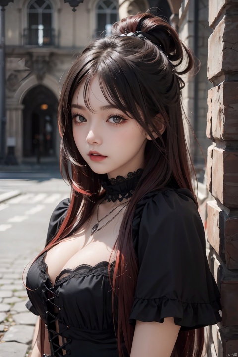 SceneEmo, female, 20-year-old girl, black hair, red hair tips, dark  brown eyes, chubby, pardoned long hair, gothic style clothes