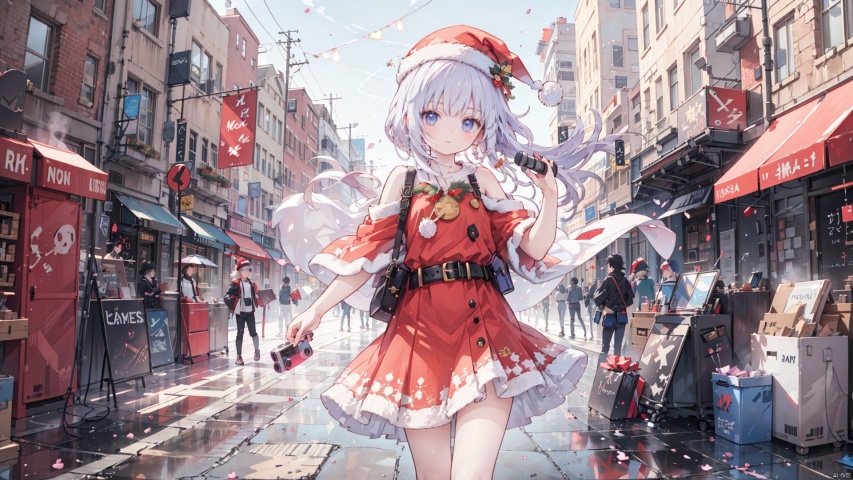((anime)), Santa Claus wearing hip hop outfit walking on the street, a boom box on the shoulder, musical notes floating in the air, more detail XL, SFW, solo, medium shot