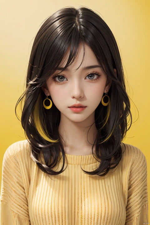  illustrator, anime, realistic, 1girl, lip, Sweater, order, Yellow gradient background, Neon hair, Textured crop, Canadian, (masterpiece, best quality), Lemon earrings