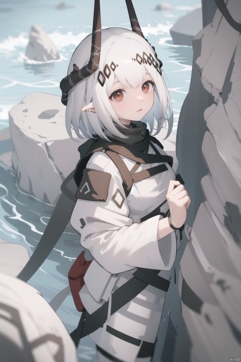 (((mudrock, arknights))), (solo), ((ultra detail)), white hair, beach background