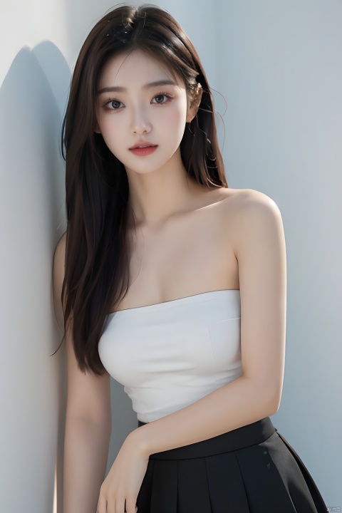  masterpiece, best quality, real, photo, girl, solo, black hair, aqua eyes, long hair, medium breasts,the upper part of the body,Simple and elegant clothes,Simple clothes,Strapless,Sleeveless,Light clothes,Vest, black hip skirt,