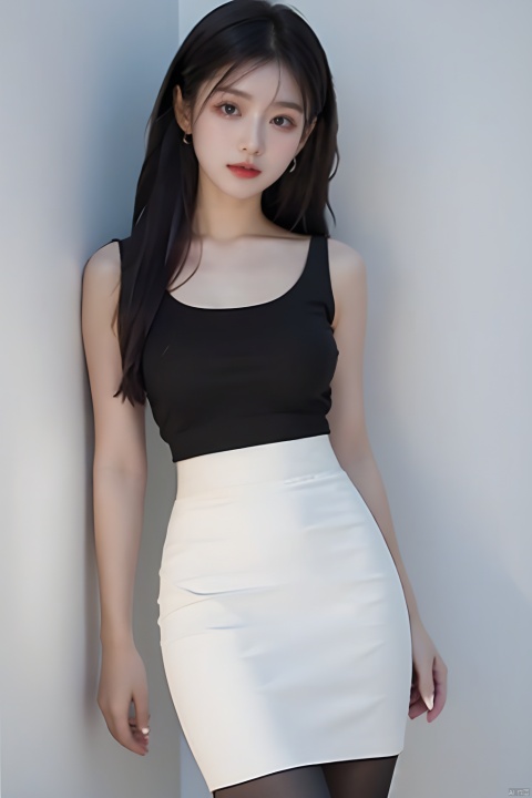  masterpiece, best quality, real, photo, girl, solo, black hair, aqua eyes, long hair, medium breasts,Simple and elegant clothes,Sleeveless,Tights,White camisole,Vest, (black pencil skirt:1.2),