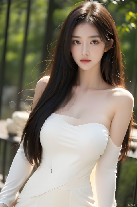  1girl,solo,Best quality,masterpiece,ultra high res,(photorealistic:1.2),Depth of field,golden hour,(rim lighting:1.1),soft shadows,vibrant colors,dreamy atmosphere,A clear face,Black hair,long hair,(straight hair:1.2),( white clothes:1.1),(Tight clothes:1.2),Close-fitting clothes,Perfect facial features,Amazing beauty,collarbone,slender waist,mystery,slender,lipstick,collarbonea,medium breasts,slender_waist,strapless_dress,microdress,spandex,tight,huge filesize,realistic,reality,depth of field,sleeveless_dress,word skirt,Hip skirt,Black stockings,