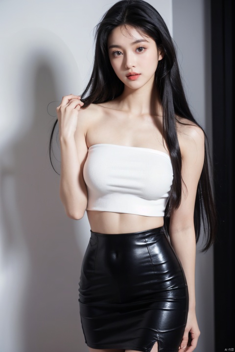  (masterpiece, best quality, high quality, highres, ultra-detailed), realistic,1 girl,((black hair)),(Straight hair:1.6),(Long hair:1.6), pale skin,big eyes，(medium breasts),looking at viewer，naked，hands cover breast，Sleeveless strapless tight-fitting vest,Expose navel,Mini tight skirt,