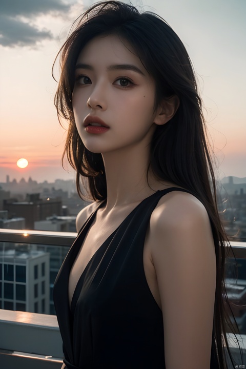 skdress,NSFW,Frontal photography,Look front,evening,dark clouds,the setting sun,On the city rooftop,A 20 year old female,black hair,long hair,dark theme,muted tones,pastel colors,high contrast,(natural skin texture, A dim light, high clarity) ((sky background))((Facial highlights)),
masterpiece,best quality,
,