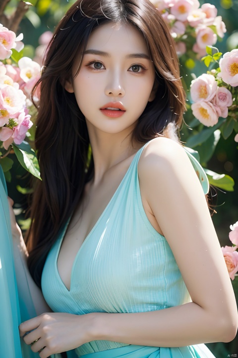 (fashion magazine blockbuster:1.2),(attractive asian woman:1.3),(beautiful and delicate eyes:1.2),(fashion clothing design:1.2),(tulle texture:1.1),turquoise flowers,surrounded by flowers,crystal clear dew,fresh and elegant,(flowers blooming wildly:1.2),delicate buds,turquoise atmosphere, (masterpiece:1.2), best quality, masterpiece, highres, original, extremely detailed wallpaper, perfect lighting,(extremely detailed CG:1.2),turquoise flowers, 1girl,solo,bestquality,ultrahighres,(photorealistic:1.4),masterpiece,highres,original,extremely detailed wallpaper,