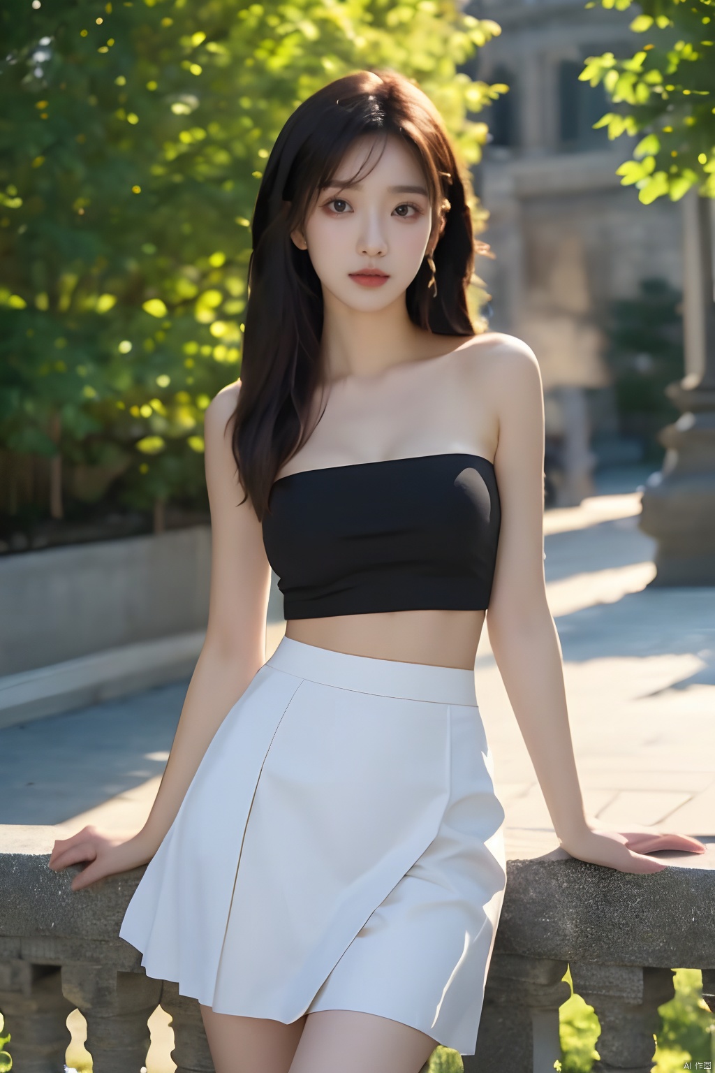  masterpiece, best quality, real, photo, girl, solo, black hair, aqua eyes, long hair, medium breasts,the upper part of the body,Simple and elegant clothes,Simple clothes,Strapless,Sleeveless,Light clothes,Vest, (black hip skirt:1.1),