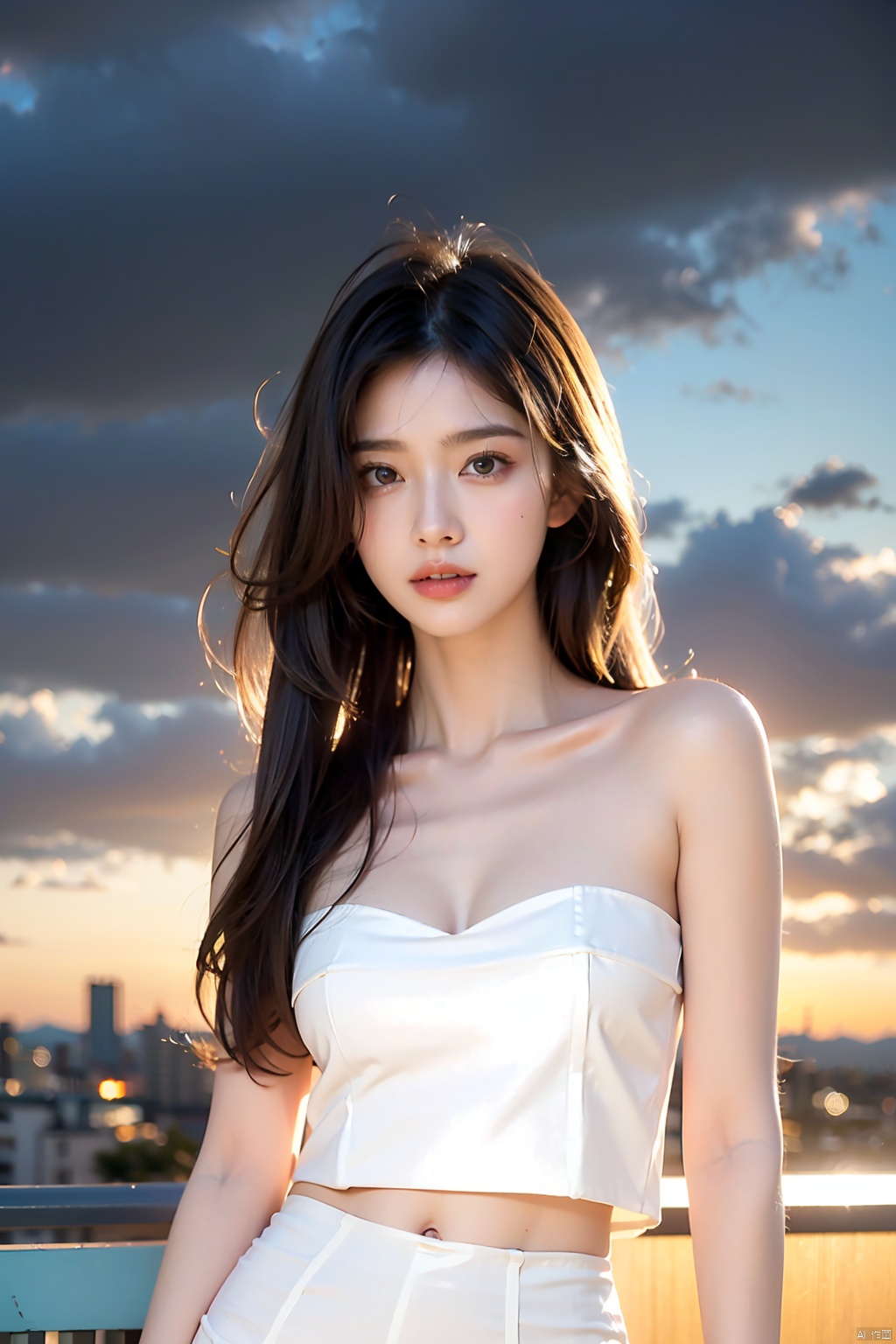Frontal photography,Look front,evening,dark clouds,the setting sun,On the city rooftop,A 20 year old female,Collarbone,medium Brest,white top,white Leggings,black hair,long hair, dark theme, muted tones, pastel colors, high contrast, (natural skin texture, A dim light, high clarity) ((sky background))((Facial highlights)),Strapless,