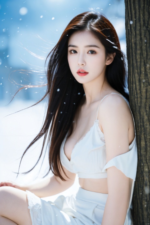  1girl,Full-body photos,black hair,Winter, realism,an extremely delicate and beautiful,real person,photograph,high detailed skin,visible pores,emothional face,dynamic pose, slender frame. bright eyes,finely chiseled features, makeup, red lips. glance with love,Lace skirt,white sheer dress,sleeveless，sleeveless，Without a coat，she reveals a tantalizing silhouette with a defined waistline, ample bosom, visible cleavage, and exposed navel, showcasing her perfect curves in a seductive manner. long, raven hair flows in the wind as she looks directly into the camera,No coat,Fuzzy background. imbuing the scene with soft,hues and an ambiance of serene,HD 16k, snow, winter,sexy Short jeans, light master,pencil_skirt, bare long legs, high heels, light rays, snowfield,snow mountain, Best Quality, Hyper-Realistic, Photo Art, Realistic, Coat, Close-up, Sight,masterpiece, 1 girl