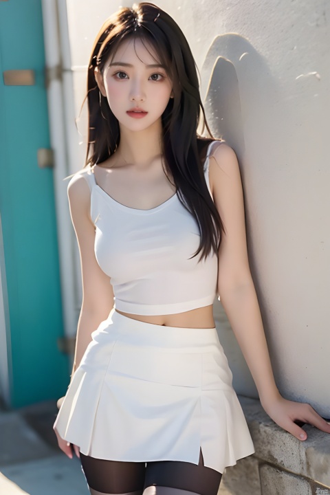  masterpiece, best quality, real, photo, girl, solo, black hair, aqua eyes, long hair, medium breasts,Simple and elegant clothes,Sleeveless,Tights,White camisole,Vest, (black miniskirt:1.2),