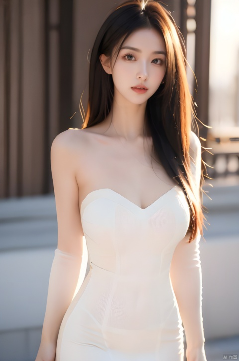  1girl,solo,Best quality,masterpiece,ultra high res,(photorealistic:1.2),Depth of field,golden hour,(rim lighting:1.1),soft shadows,vibrant colors,dreamy atmosphere,A clear face,Black hair,long hair,(straight hair:1.2),( white clothes:1.1),(Tight clothes:1.2),Close-fitting clothes,Perfect facial features,Amazing beauty,collarbone,slender waist,mystery,slender,lipstick,collarbonea,medium breasts,slender_waist,strapless_dress,microdress,spandex,tight,huge filesize,realistic,reality,depth of field,sleeveless_dress,word skirt,Hip skirt,Black stockings,