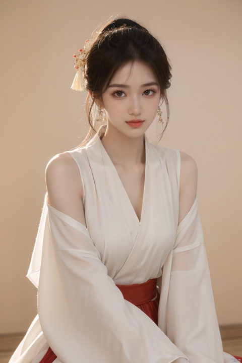  1girl, solo, long hair, （looking at viewer:1.6), smile, simple background, black hair, hair ornament, jewelry, closed mouth,earrings, makeup, chinese clothes, red lips, tassel earrings, hanfu, realistic，Look at the camera,（Full-length portrait:1.5）,White Hanfu, elegant clothes, fairies, charming,